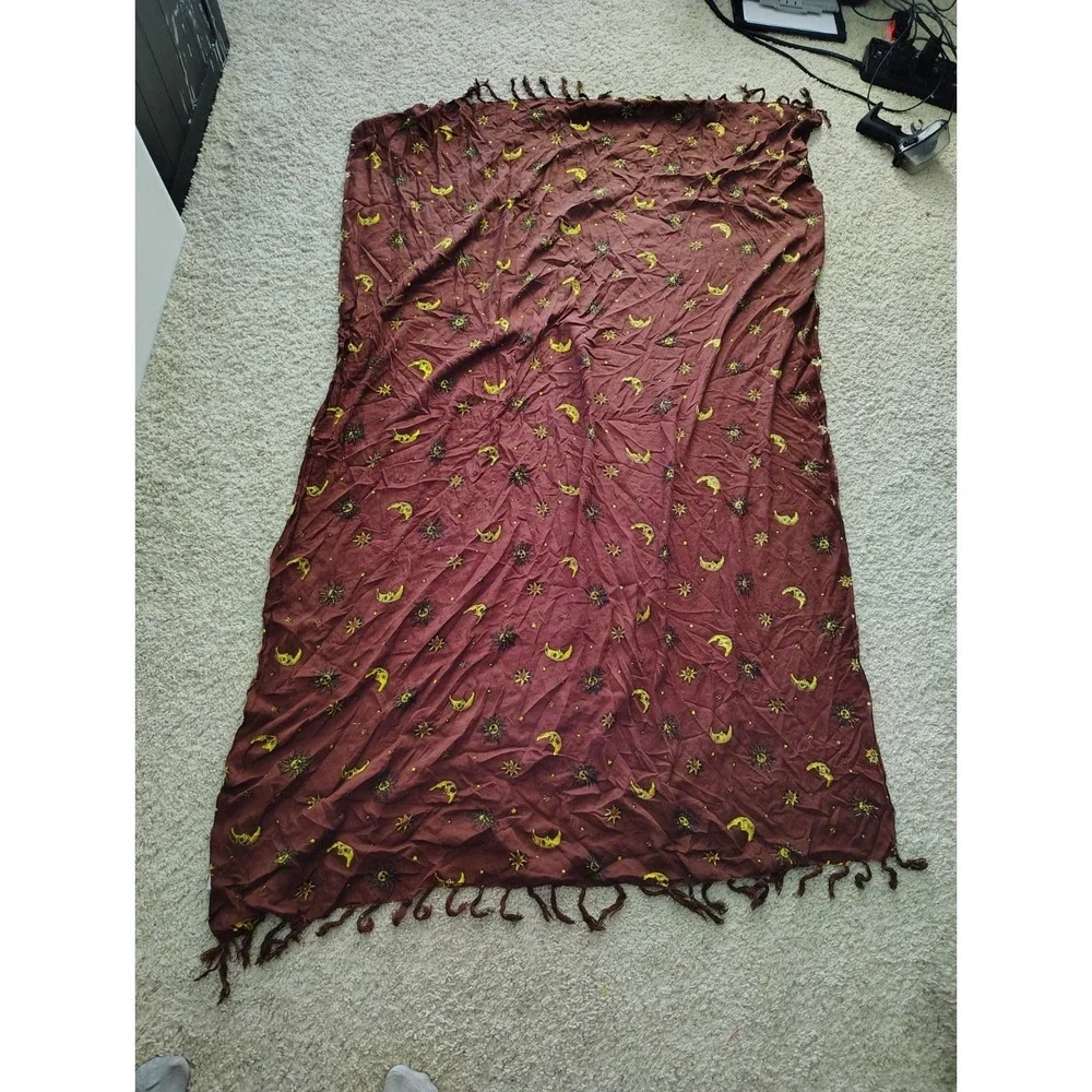 Vtg Handmade Rayon Celestial Sun Moon Stars Tapestry Boho Fringe Wall Hanging...